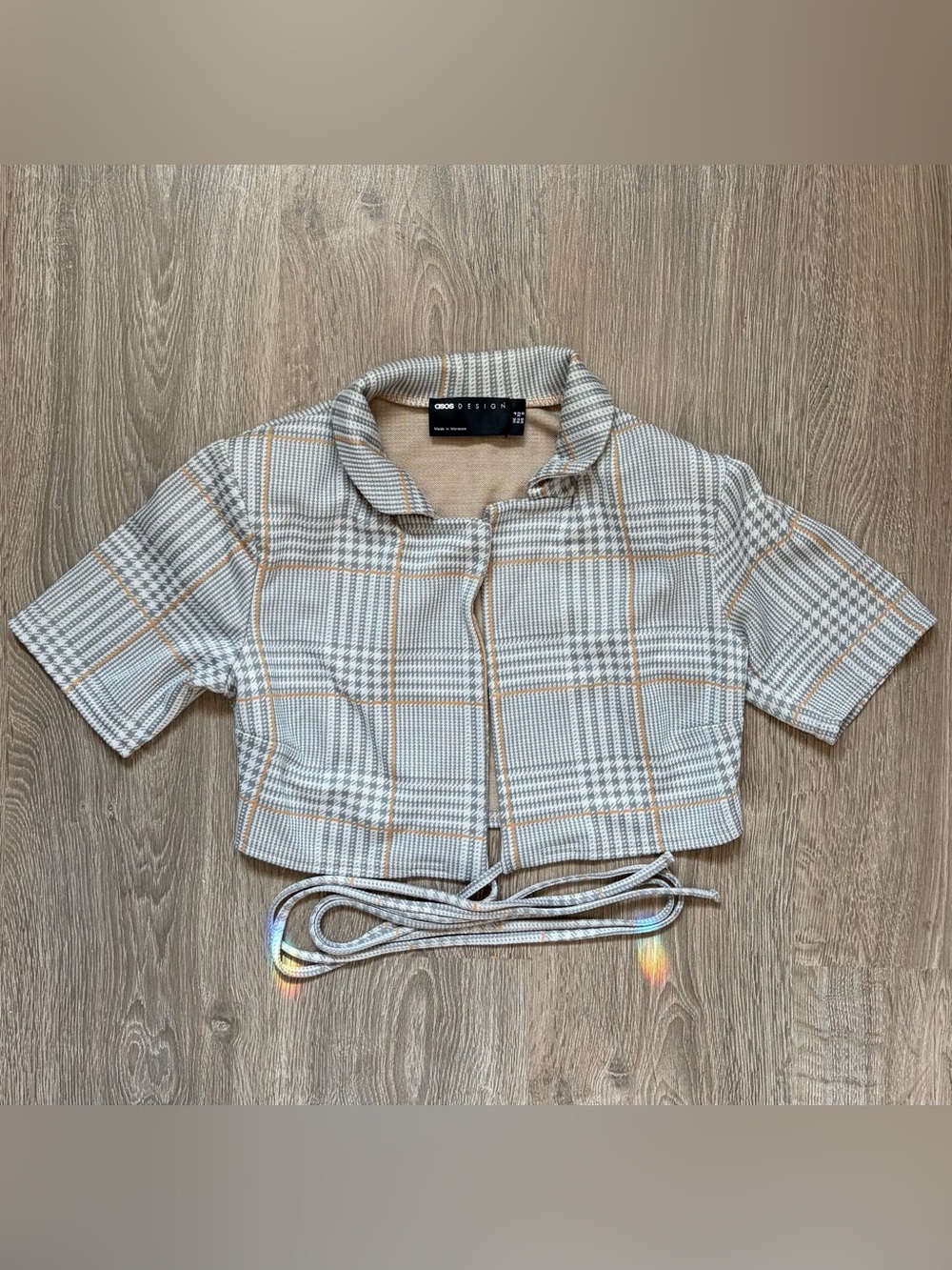 ASOS Design Cream & Gray Plaid Short-Sleeve Cropped Blazer with Shoulder Pads